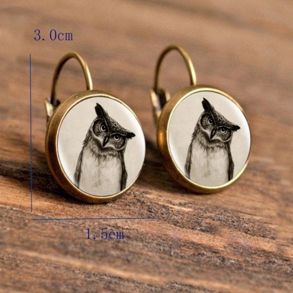 Great Horned Owl Bubble Drop Fangle Earrings, Antiqued Bronze finish - Picture 2 of 3